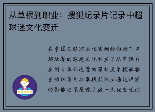 从草根到职业：搜狐纪录片记录中超球迷文化变迁
